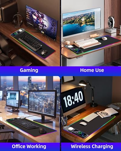 Wireless Charging Mouse Pad, RGB Gaming Mousepad, 31.5"x11.8" | Extra Large LED Desk Mat, 13 Lighting Modes, Ultra-Smooth Surface, Non-Slip Base, Waterproof Computer Keyboard Pad, Black - color: Black-31.5"x11.8"