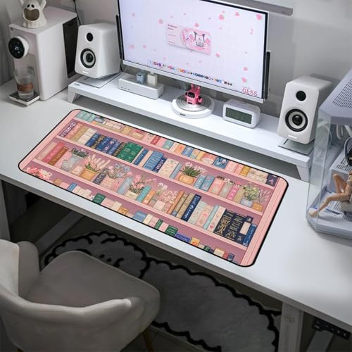 Cute Bookshelf Deskmat, Pink Desk Pad Mousepad XXL, Game Pad, Large Office Desk Keyboard Mat, Anti Slip Rubber Base and Sewn Edge Mouse Mat, Beautiful Reading Space Desktop Decor 31.5"X15.7" - color: Pink Bookshelf