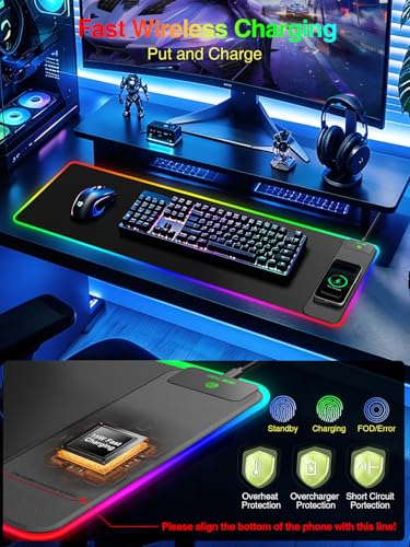 Wireless Charging Mouse Pad Gaming, 31.5"x11.8" Large Desk Mat, Waterproof | RGB Mousepad, Smooth Glide, Stitched Edge, Non-Slip Rubber Base, Desk Pad Computer Keyboard Mat, No Adapter - color: RGB-31.5"x11.8"-Right