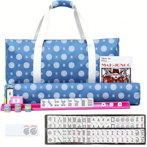 Ploomi American Mahjong Tiles Set, 166 White Tiles, 4 Color Racks & Pushers, Complete Western Mahjong Set with Blue Carrying Bag for Beginners & Experts - color: Blue