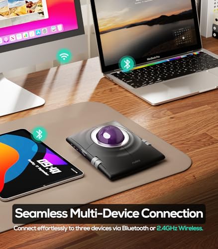 Nulea M512 Wireless Trackball Mouse, Ergonomic 55mm Trackball, Adjustable DPI for Precise Control, Left or Right Hand Compatible, Rechargeable, Multi-Device Bluetooth & 2.4GHz for PC（Purple） - color: D-Purple