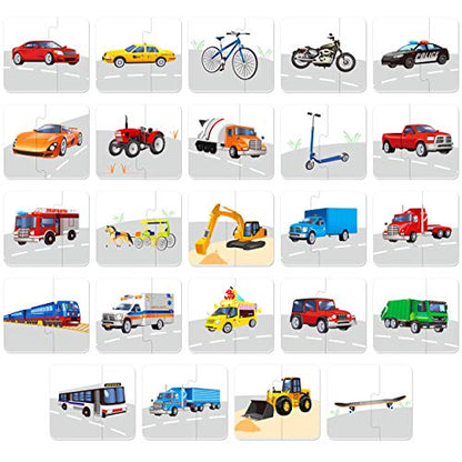 48 Vehicle Matching Puzzles with Error-Correction Mechanism Pre-Primer in 2 Pieces, Perfect for Preschool Learning (24 Blocks Double Sided) - style: Vehicle-A
