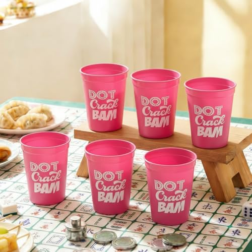16Pcs Mahjong Plastic Cups Reusable 16oz DOT Crack BAM Party Supplies Themed Birthday Game Night (Pink)