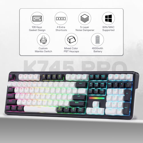 Redragon K745 PRO Wireless Gasket RGB Gaming Keyboard, 108 Keys Mechanical Keyboard w/Extra 4 Hotkeys, Hot-Swap Socket, 5-Layer Noise Dampening, See-Through Round PBT Keycaps, Mint Mambo Switch - color: Abyssal Blue, size: 108 Keys