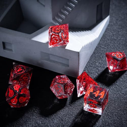 Cusdie 7-Piece Sharp Edges DND Dice Set with Dragon Pattern - Perfect for Tabletop RPGs Board Games Gifting and Collecting(Transparent Red with Balck Smoke) - color: Dragon Pattern Tr/R