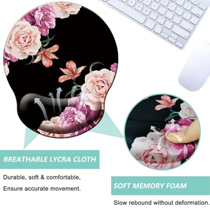 Mouse Pad with Wrist Support, Ergonomic Mouse Pad with Memory Foam Wrist Rest Cushion, Non-Slip Rubber Base Gaming Mice Pad for Home Office Computer Laptop, Flowers Pink - color: Flowers pink