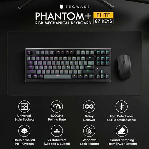 TECWARE Phantom+ Elite 87 Key RGB Mechanical Gaming Keyboard | 3 Mode Wireless Bluetooth 5.0 2.4GHz & USB C Wired | Hot Swappable 5 Pin | Double Shot PBT Keycaps | Wraith Red Switch - Black - color: Red Switch, size: Phantom+ Elite 87 | Black