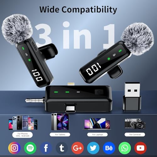 Microphone for iPhone & Android, Wireless Mini Microphone | Battery Display, Clear Voice, Noise Cancelling, 3 in 1 Lavalier Mic for TikTok, YouTube & Interviews, Dual Mic - style: USB-C+Lightning+USB-A+3.5mm Jack