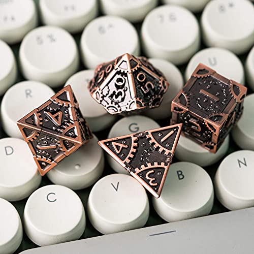 UDIXI Steampunk Metal Dice Set, 7PCS Metal Polyhedral DND Dice Set for D&D | Ancient Copper, Gear Carved, Solid Metal, Metal Gift Box, DM Gift, for Dungeons and Dragons RPG Role Playing Games - color: Gear-antique Copper