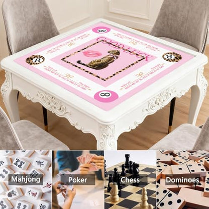 Pink Luck Mahjong Mat for Table, 31.5 * 31.5in Anti Slip Mahjong Table Cloth, Noise Reduction, Neoprene Mah jongg Mat with Carrying Bag & 3 Dices, Poker Board Tile Games Mats, Cheetah - color: Cheetah01