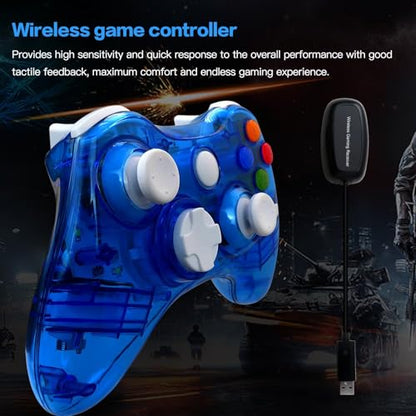 USonline911 Wireless 2.4GHz Gamepad for Xbox 360 Controller with USB Receiver, for Microsoft Xbox 360 & for PC Windows 11/10, Dual Vibration & 7-Color Custom LED Lights (Blue)