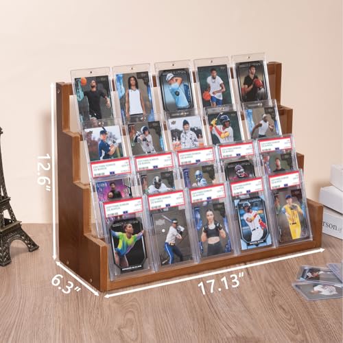 Donmills 4 Tier Card Display Stand, Wooden Trading Card Display Stand Tabletop, Graded Baseball Sports Card Display Shelf for Basketball Football Cards Game Collection, Show & Vendor, Brown - color: Brown-tabletop