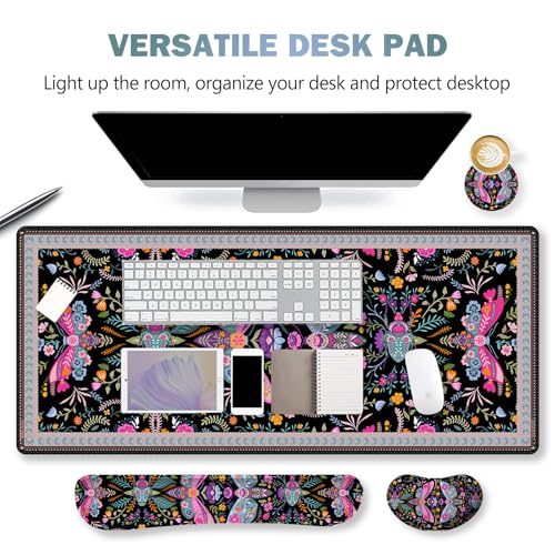 ARTSO Black Desk Mat Set, Extended Gaming Mouse Pad with Wrist Rest Support +Keyboard Wrist Rest +Coaster, Large Cute Butterfly Mousepad, Colorful Butterfly - color: Colorful Butterfly