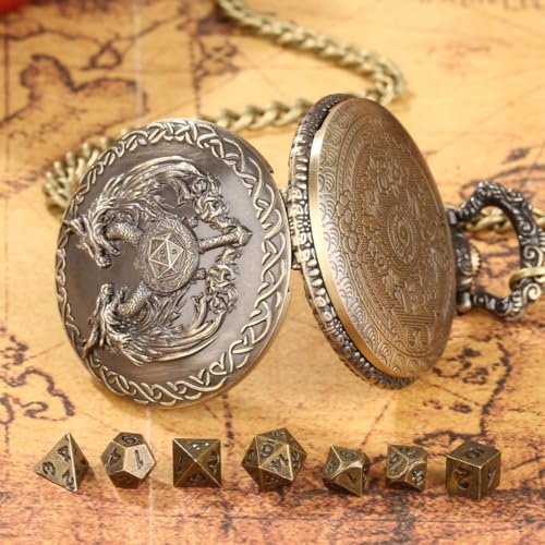 Mini DND Dice Set with Wand and Double Dragon Head Pocket Watch Shell Case, DND Starter Set, 7pcs Polyhedral Mini Metal Dice Set, D&D Gifts with Gift Bag, Role Playing Board Game Accessories, Bronze - color: Bronze