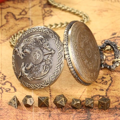 Mini DND Dice Set with Wand and Double Dragon Head Pocket Watch Shell Case, DND Starter Set, 7pcs Polyhedral Mini Metal Dice Set, D&D Gifts with Gift Bag, Role Playing Board Game Accessories, Bronze - color: Bronze