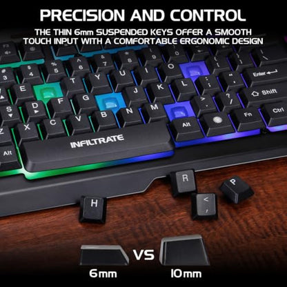 Accessory Power Infiltrate KL2 Membrane Gaming Keyboard - Quiet Keyboard with 3 Multi Color LED Lighting Modes