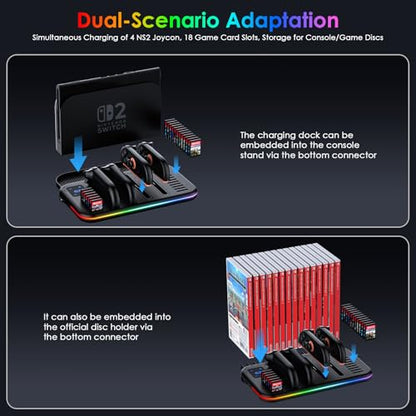 Charging Dock for Nintendo Switch 2 Joy Con, RGB Docking Station for Joycons Controller, Switch 2 Accessories with 18 Game Card Slots - size: 6FT