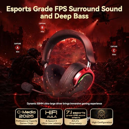 Wireless Gaming Headset with Mic Over Ear Headphones for PC,Xbox,PS5,Switch | 7.1 Surround Sound,50mm Drivers,Aluminum Frame,Noise Cancelling,RGB,Soft Ear Pads,Multi Platform Headset for Laptop Phone Mac