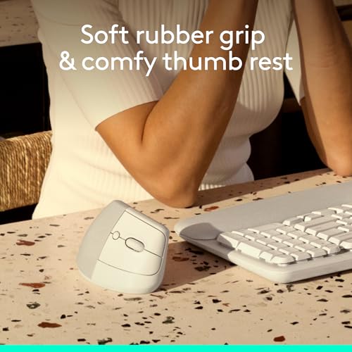 Logitech Lift Vertical Ergonomic Wireless Mouse - Off White | Connect via Bluetooth or included Logi Bolt USB-A receiver, quiet clicks, 4 of 6 buttons customizable, Windows Mac compatible - color: Off White, style: Right-Handed