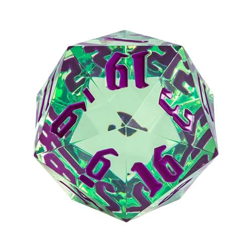 55mm 20 Sided DND Dice, Giant D20 D&D Polyhedral Dice Large D20 with Die Gift Box for Dungeons and Dragons, RPG Table Games (Transparent Green/Purple Numbers) - color: Transparent Green/Purple Numbers