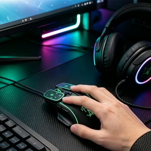 Wired Gaming Mouse, Lightweight USB Optical Computer Mice with 7 Buttons, 4 Adjustable DPI (1200-7200), Ergonomic Shape for Computers and Laptops, Black - color: Black