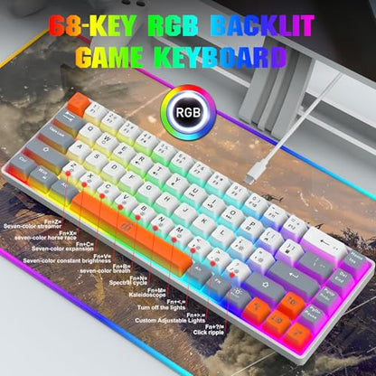 Snpurdiri 60% Percent Gaming Keyboard (68 Keys, White-Grey-Orange) | Ergonomic Compact RGB Backlit Small Gaming Keyboard for Windows, PC, Laptop - color: White Grey Orange