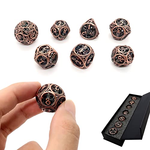 DND Dice,Hollow D&D Metal Dice,Unique Round Ball Design Octopus Dice with Gift Box for Dungeons & Dragon Gaming,7 PCs Steampunk Polyhedral D and D Dic(Ball Octopus red Copper) - color: Ball Octopus Red Copper