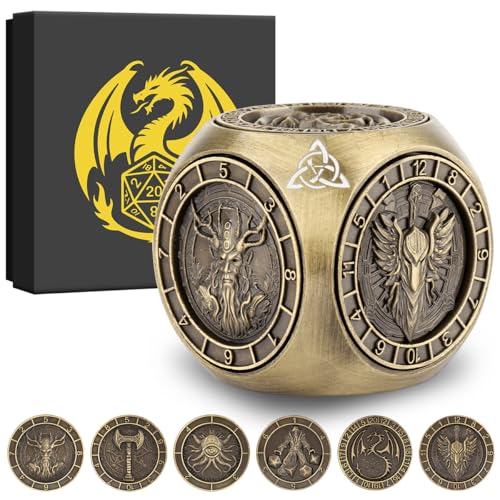 DND Fingertip Spinner Dice, Metal Dice Set with 3D Pattern, Polyhedral Rotating Game Dice, for DND Gifts with Dragon Logo Gift Box, Role Playing Board Game Accessories, Bronze - color: Bronze