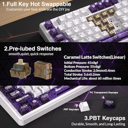 Aula L99 Wireless Mechanical Keyboard with Smart Touch Screen,Tri-Mode Hot Swappable Custom Gaming Keyboard,RGB Backlit,PBT Keycap,Gasket Mount Creamy Sounding Computer Keyboards for Office PC,84 Keys - color: White Purple