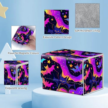for MTG Commander Deck Box,Card Deck Box for Trading Yugioh MTG,Fits 100 Double Sleeved Cards,PU Leather Strong Magnet Case for Magic Commander TCG CCG,Glitter Bat - color: Glitter Bat