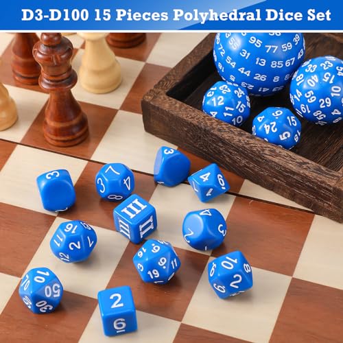Civaner 15 Pcs Complete Polyhedral Dice Set D3-D100 Spherical RPG Dice Set in Opaque Black, 100 Sides for Role Playing Table Games Party Supplies(Blue and White) - color: Blue and White