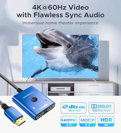 4K@60Hz HDMI Splitter Switch 2 in 1 Out, WARRKY [3.3ft Fixed Braided HDMI Cable, Aluminum Case, HDCP 2.2] Bidirectional 2x1 Switcher UHD Compatible for PS5/4, Nintendo Switch, Roku, FireStick – Blue - color: Blue