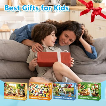 4 Packs 100 Piece Puzzles for Kids Ages 4-6 6-8 8-10, Cats Birds Farms Dogs Jigsaw Puzzles Educational Kids Puzzles 5-8 Gifts for Girls Boys Adults Seniors 15x11in - color: Cats Birds Farms Dogs