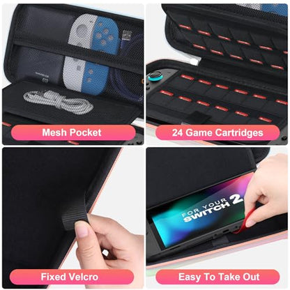 Canboc Carrying Case Compatible with Nintendo Switch 2 (2025), Hard Shell Switch 2 Console Bag with 24 Game Card Slots, Mesh Pocket fit Accessories, Pink Gradient Green (Case Only) - color: Pink Gradient Green