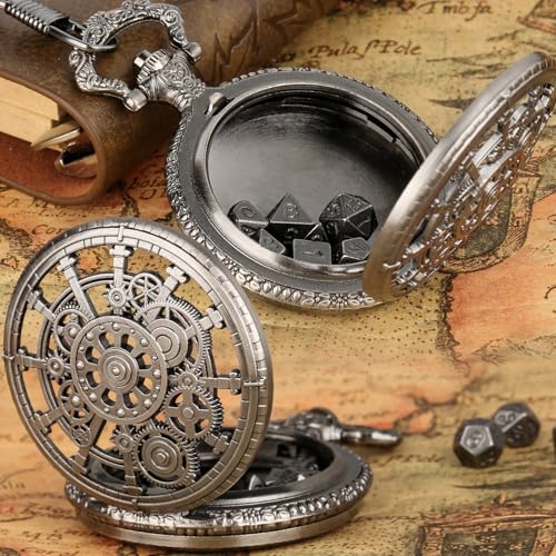 Mini DND Dice Set with Steampunk Dark Silver Hollow Gear Pocket Watch Shell Case, 7pcs Polyhedral Metal D&D Dice, DND Gifts with Gift Box for DND Lovers, Role Playing Board Games Accessories - color: Dark Silver