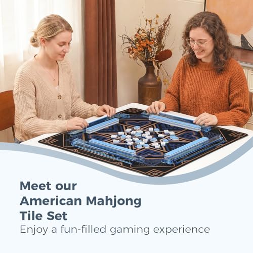 American Mahjong Tile Set with Printed Handbag, 166 Premium Blue Tile and Accessories, Portable and Stylish Mahjong Set, Mahjong Game Set for Travel, Gifts（Blue, No Racks） - color: Blue