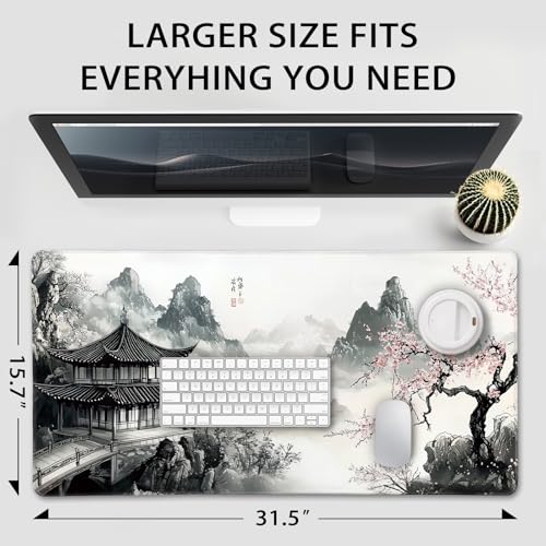 Japanese B&W Cherry Blossoms Gaming Mouse Pad Desk Mat 31.5"x15.7 | Extended Mousepad, Non-Slip Rubber Base , Stitched Edges, for Computer/Laptop/Office/Home - color: Black and White