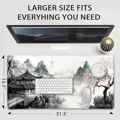 Japanese B&W Cherry Blossoms Gaming Mouse Pad Desk Mat 31.5"x15.7 | Extended Mousepad, Non-Slip Rubber Base , Stitched Edges, for Computer/Laptop/Office/Home - color: Black and White