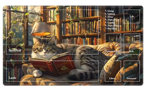 Playmat with Zones for MTG Card Game Playing, Game Mats Tabletop Magic Play Mats 24"x14" Commander Deck Gaming Desk Duel Mat Card Gameplay Mats for Beginner, Library Cat - color: Library Cat, size: 24"X14" With Zones