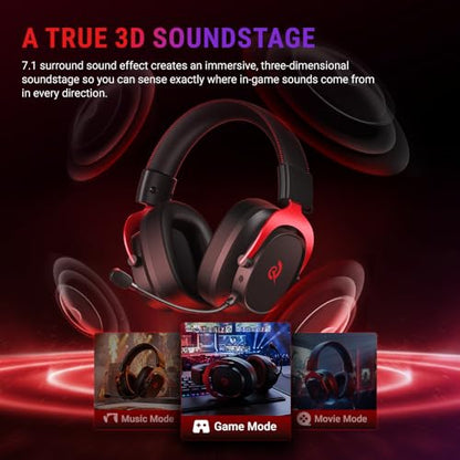 QCY Heroad VT200 Gaming Headset for PC: 53mm Neodymium Drivers - Detachable Noise Canceling Microphone - 2.4G/Bluetooth 6.0/Wired - Compatible for PS4/PS5, Switch, Xbox - 7.1 Surround Sound - color: Red