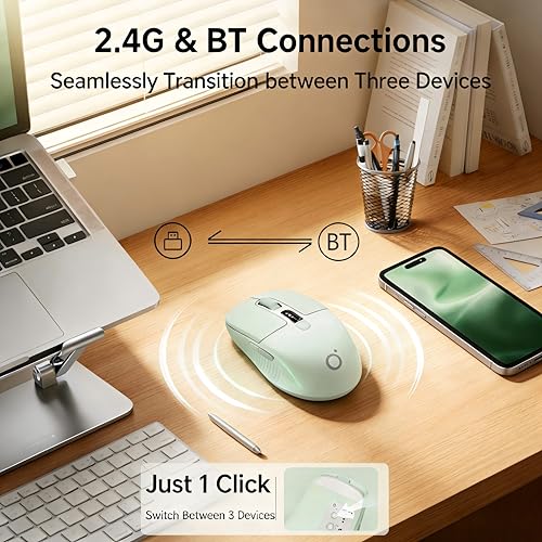 Wireless Bluetooth Mouse with Visible Battery & DPI Screen, Multi-Device BT & 2.4G Computer Mouse, 500 mAh Rechargeable, 1600DPI, Silent Portable Optical Mice for Laptop, PC, Mac, iPad - Green - color: Green
