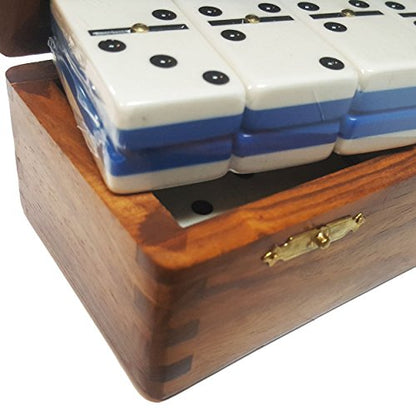Marion Domino Double Six Two Tone Blue & White Jumbo Tournament Professional Size with Spinners in Dovetail Sheesham Wood Box. - color: Two Tone Blue-white
