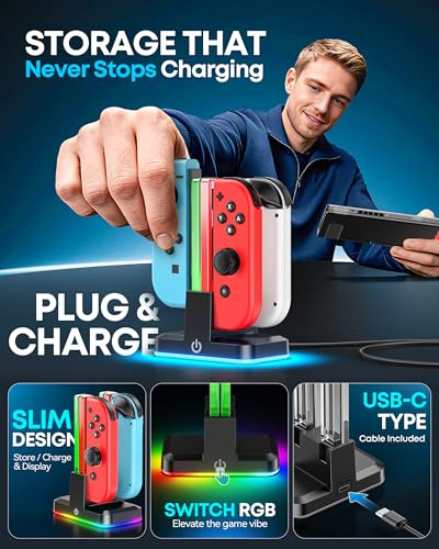 Switch Joycon Charger for SW 1 Model with 9 RGB Light Modes, Switch Controller Charger Stand with LED Indicators, SW Charging Dock Station for 4 Joycon Charging - size: S-Black-Switch 1