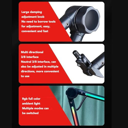 Yunseity Microphone Arm Stand Boom Arm Desk Mic Stand with RGB Light 22 Color Modes for Gaming Streaming Podcast