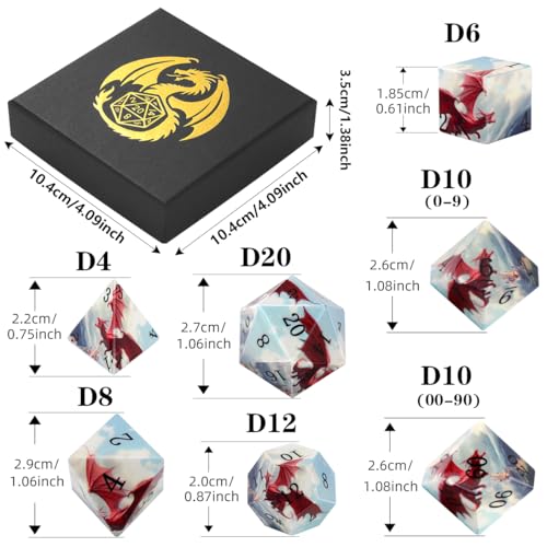 DND Dice Set, Dragon Theme Dice Set, UV Printed, Resin Material, DND Starter Set, 7pcs Polyhedral Dice Set with Dice Box, Role Playing Board Games Accessories - color: Dragon Style Gift Box