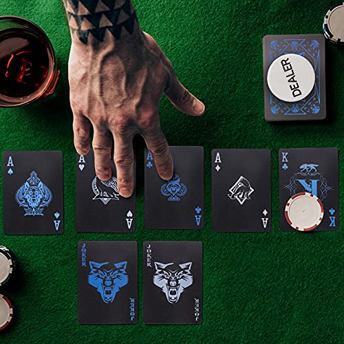 WJPC PVC Waterproof Playing Cards, Cool Black Plastic Poker Cards,Deck of Cards for Game and Party.(Wolf) - color: Blue