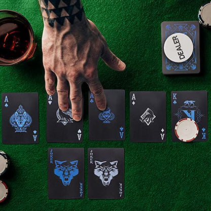 WJPC PVC Waterproof Playing Cards, Cool Black Plastic Poker Cards,Deck of Cards for Game and Party.(Wolf) - color: Blue