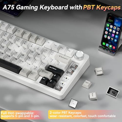 SOLAKAKA A75 75% Wireless Mechanical Keyboard, Hot Swappable Gaming Keyboard with Multifunction Knob & RGB, Gasket Mounted Creamy Keyboard, PBT Keycaps, Compact Layout for Win/Mac/PC - color: Whtie&Black&Grey