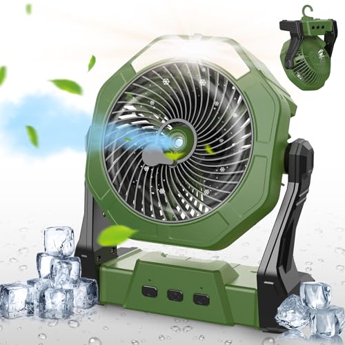 Ausic Portable Misting Camping Fan, 8" Outdoor Cooling Fan with LED Light, Water Spray, Hook, [Max 35H] Battery Operated Rechargeable Fan for Sports Sidelines, Patio, Beach, Tent, Travel - color: Green, style: 8-35Hrs Runtime