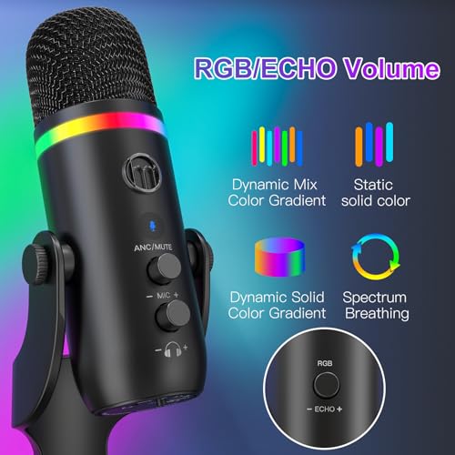 ZealSound Podcast Microphone for PC, USB Mic with Noise Reduction, Tap-to-Mute, Gain & Echo Controls, Zero-Latency Monitoring, RGB Lighting for Mac, iPhone, iPad, Live Streaming & Voice-Over K66 Pro - color: RGB